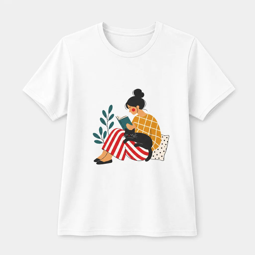 Cozy Reader with Cat T-Shirt — product demo image