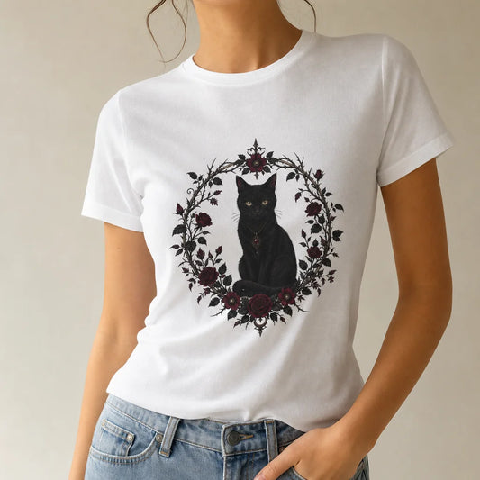 Black Cat Thorny Frame T-Shirt — product demo image