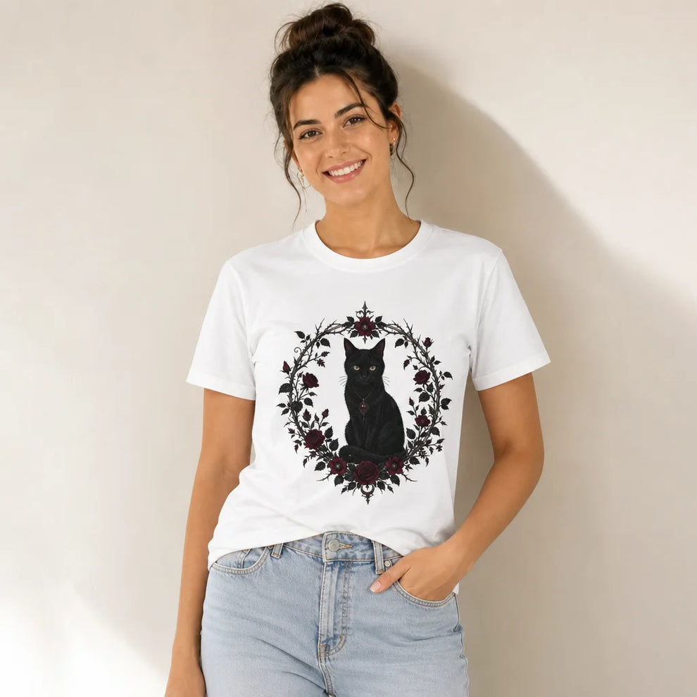Black Cat Thorny Frame T-Shirt — product demo image