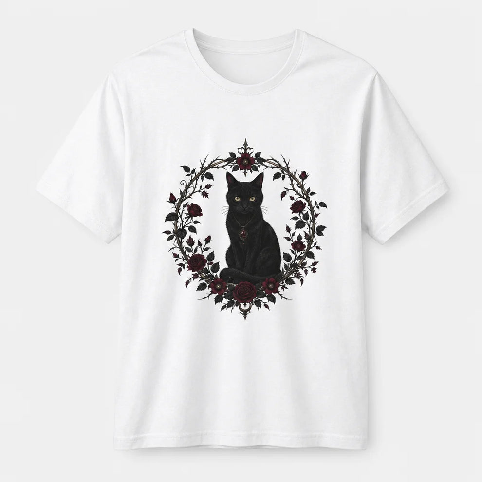 Black Cat Thorny Frame T-Shirt — product demo image
