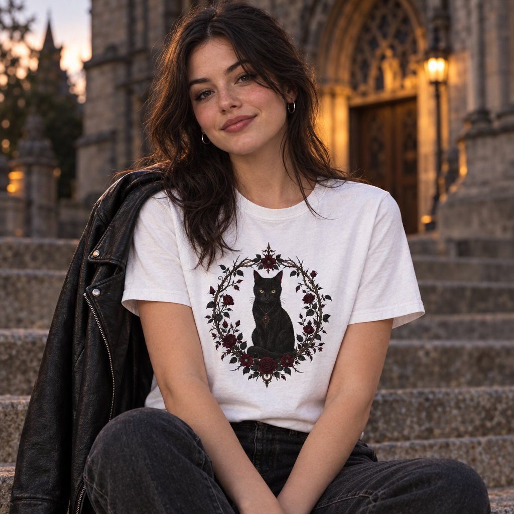 Black Cat Thorny Frame T-Shirt — worn day to day