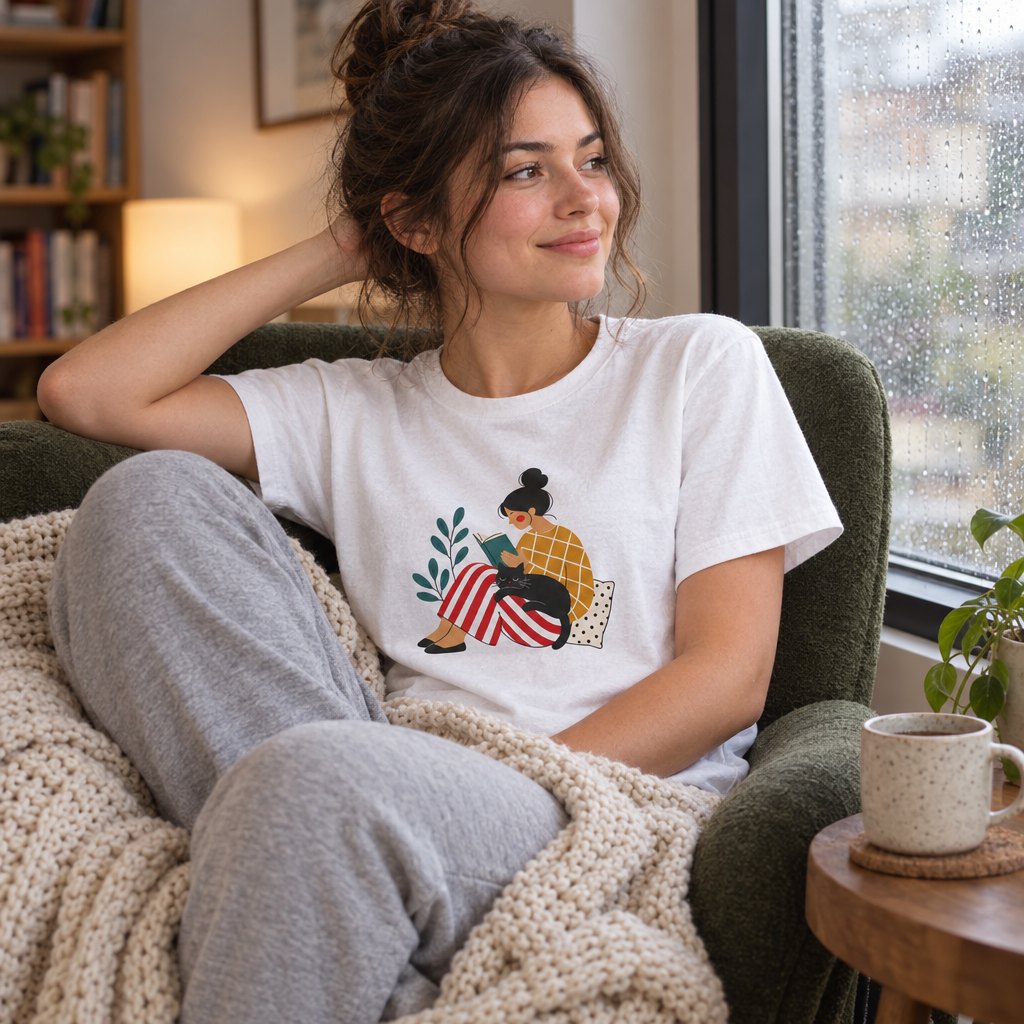 Cozy Reader with Cat T-Shirt — worn day to day