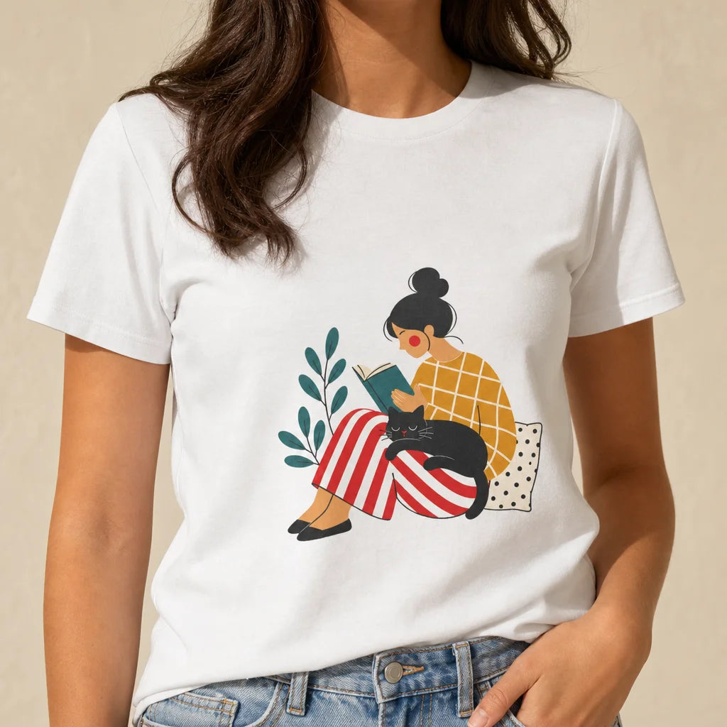 Cozy Reader with Cat T-Shirt — product demo image