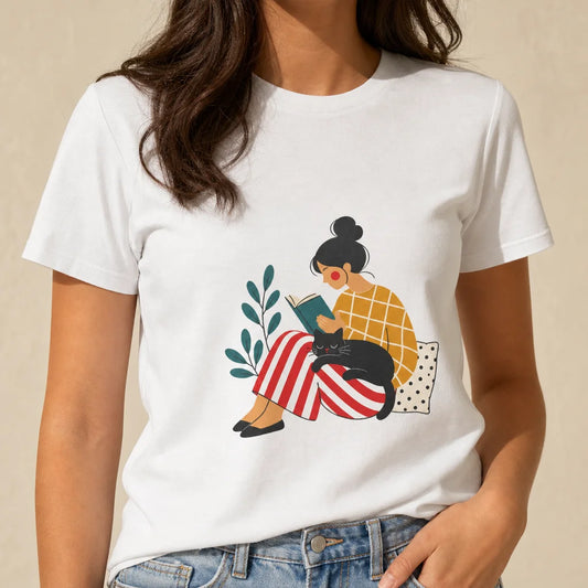 Cozy Reader with Cat T-Shirt — product demo image