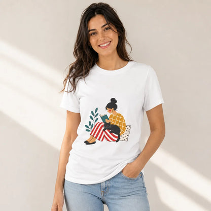 Cozy Reader with Cat T-Shirt — product demo image