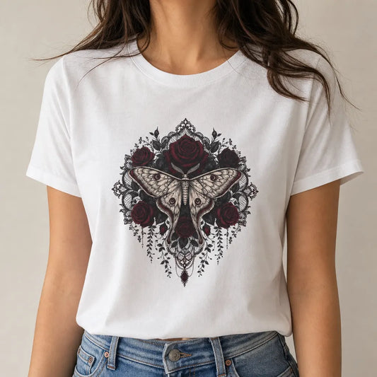 Dark Botanicals and Moth T-Shirt — product demo image