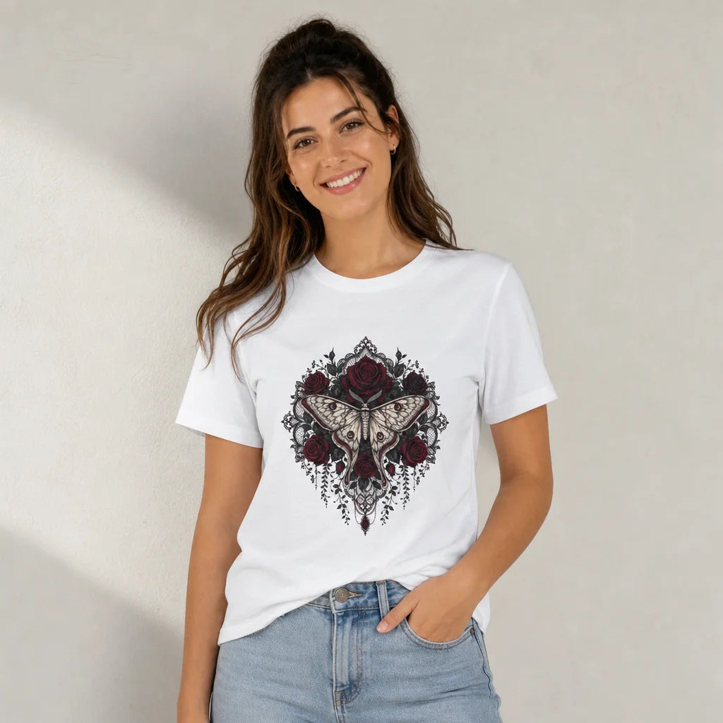 Dark Botanicals and Moth T-Shirt — product demo image