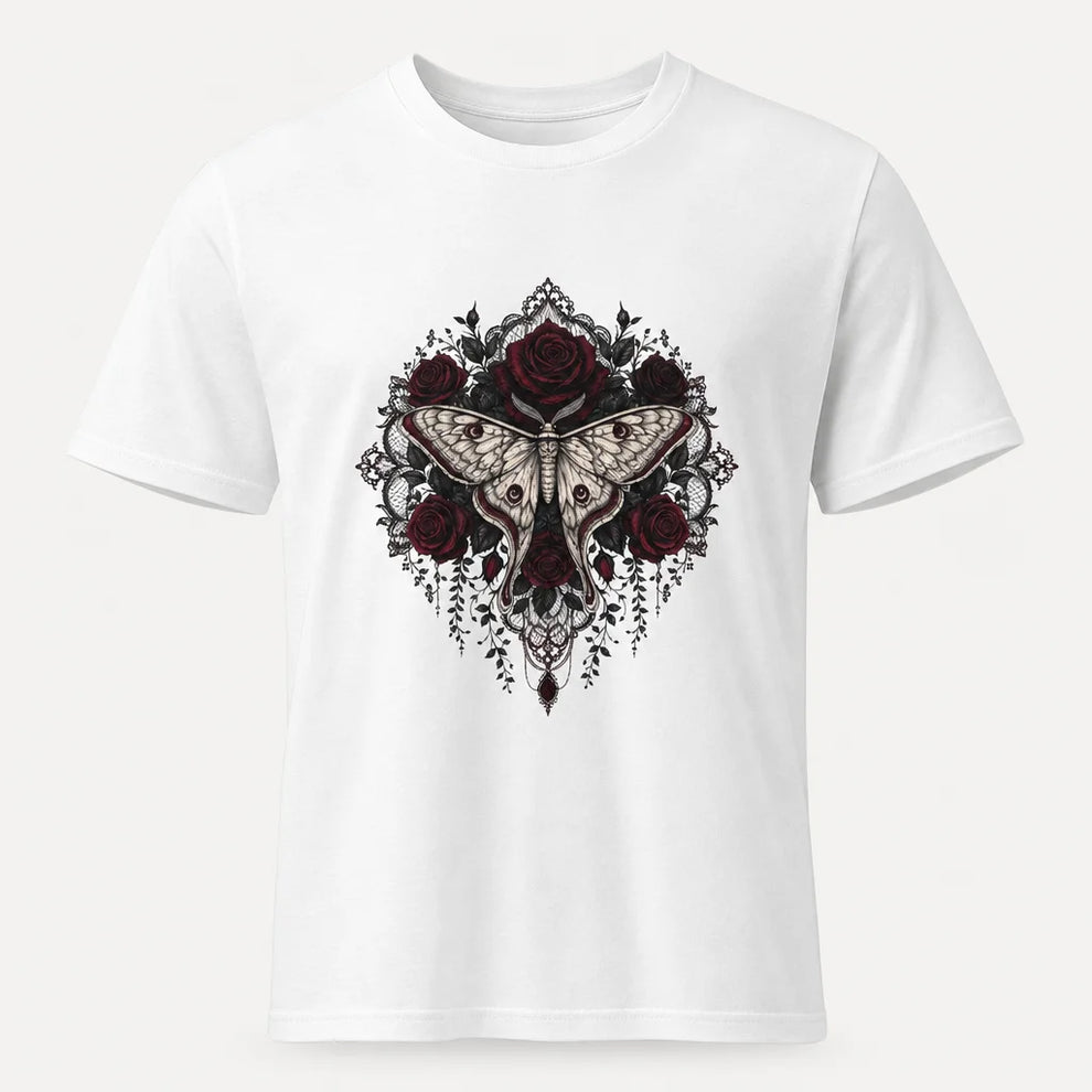 Dark Botanicals and Moth T-Shirt — product demo image