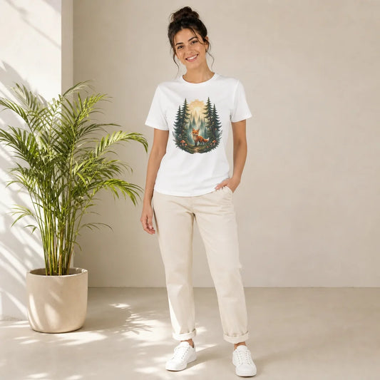 Enchanted Misty Forest T-Shirt — model wearing the printed tee