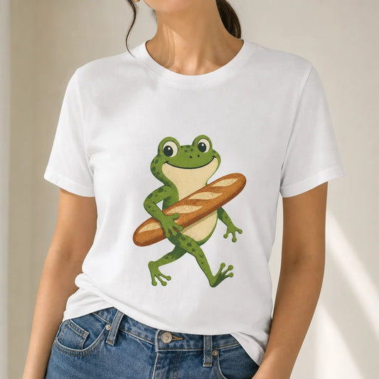 Frog Carrying Baguette T-Shirt — product demo image