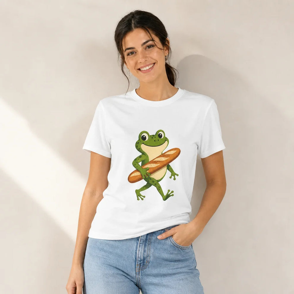 Frog Carrying Baguette T-Shirt — product demo image