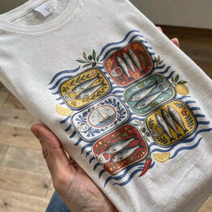 Mediterranean Tinned Fish T-Shirt — detail close-up (UGC style)