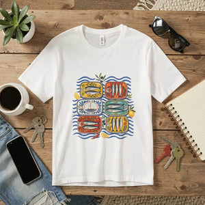 Mediterranean Tinned Fish T-Shirt — flat lay (UGC style)