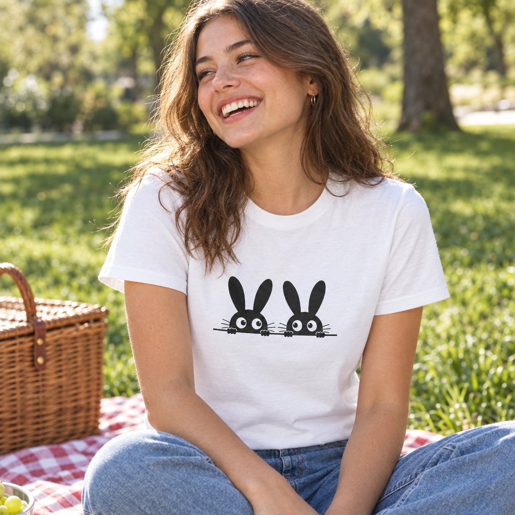 Peeking Bunnies White Graphic Tee — worn day to day