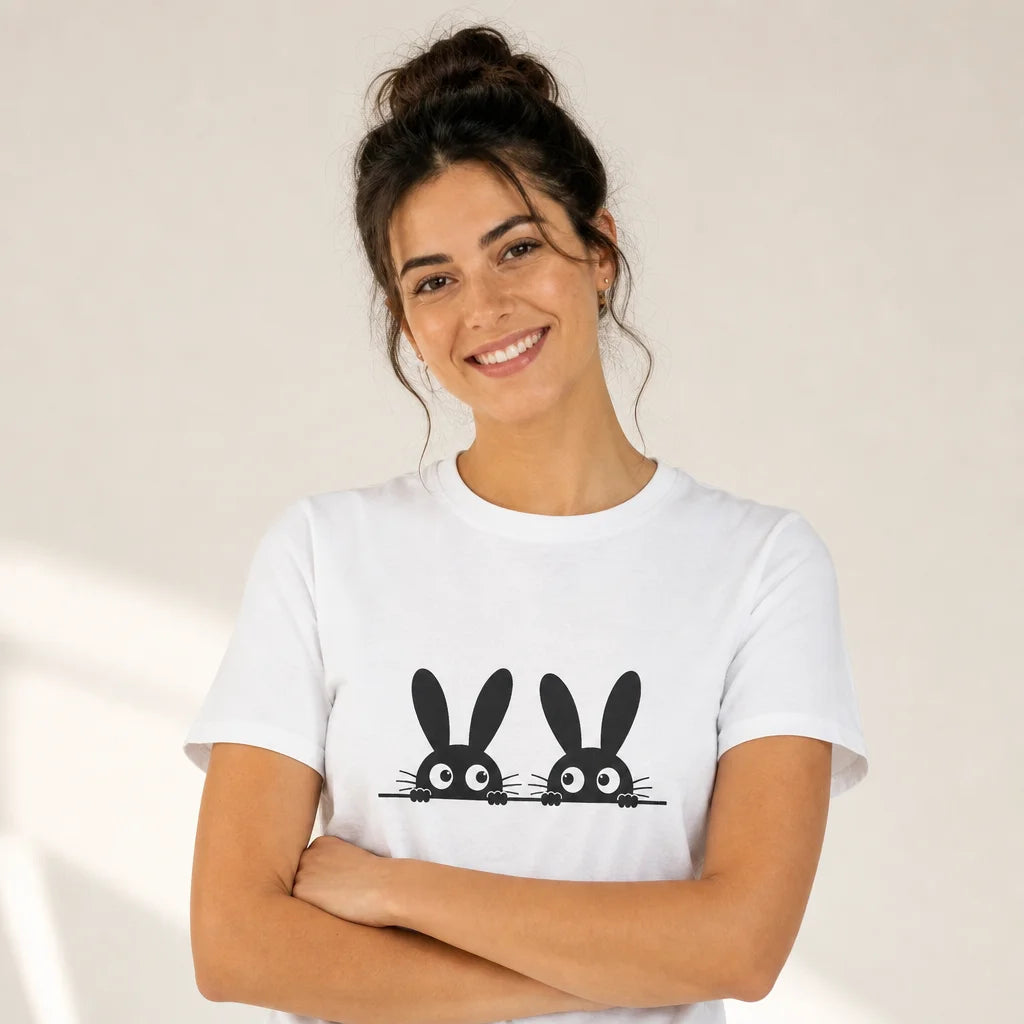 Peeking Bunnies White Graphic Tee — product demo image