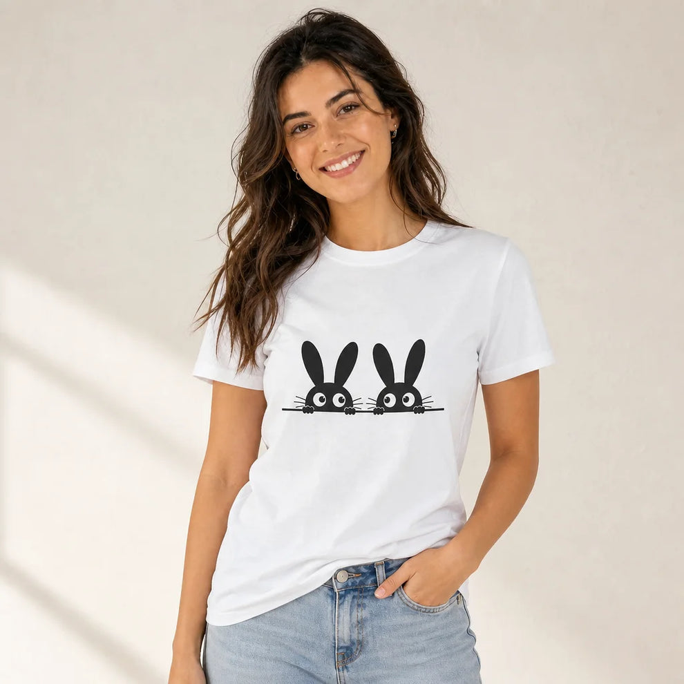 Peeking Bunnies White Graphic Tee — product demo image