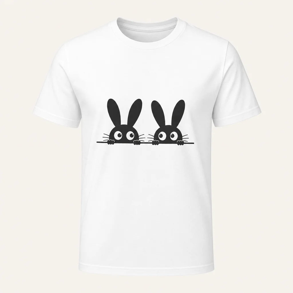 Peeking Bunnies White Graphic Tee — product demo image