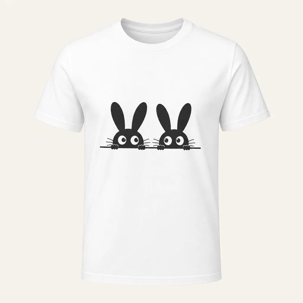 Peeking Bunnies White Graphic Tee — product demo image