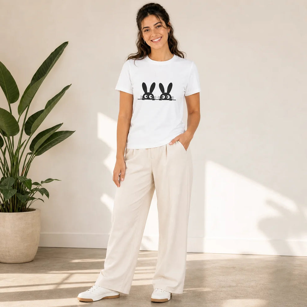 Peeking Bunnies White Graphic Tee — product demo image