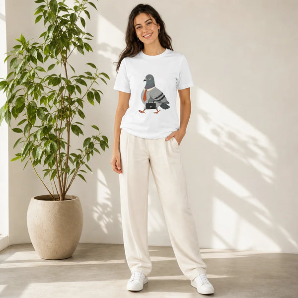 Pigeon Commuting T-Shirt — model wearing the printed tee