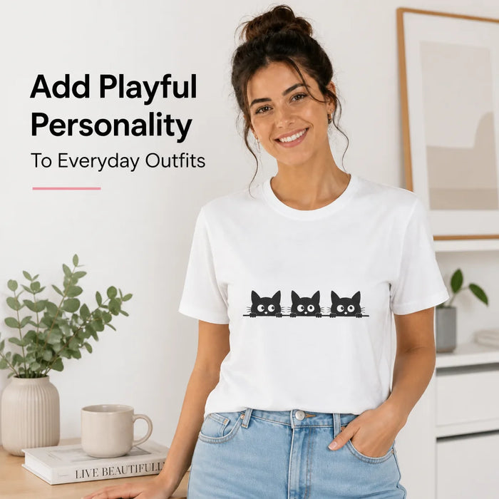 Three Black Cats Peeking White Tee Add Playful Personality To Everyday Outfits