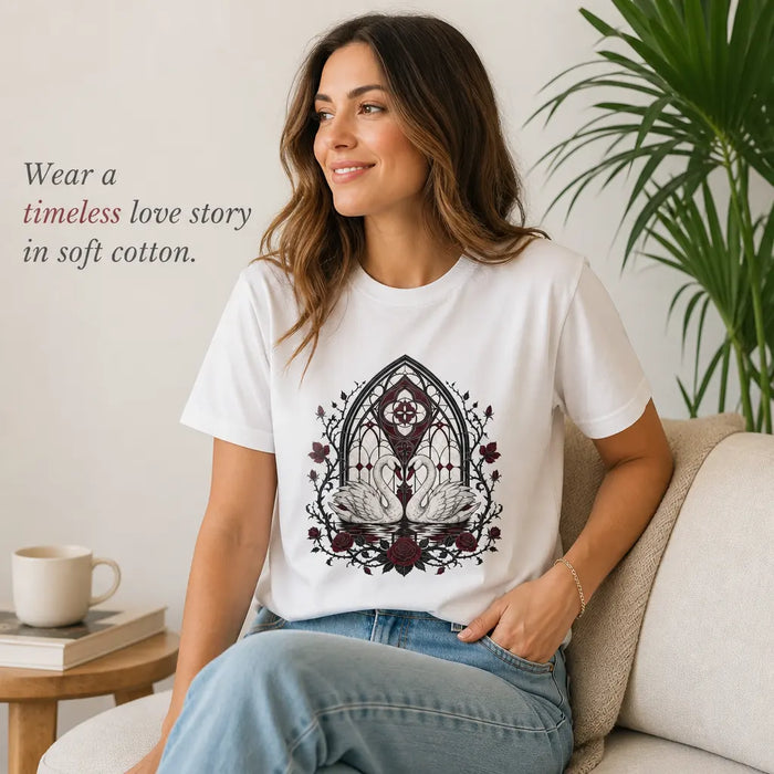 Swans Under Stained Glass T-Shirt Wear a timeless love story in soft cotton