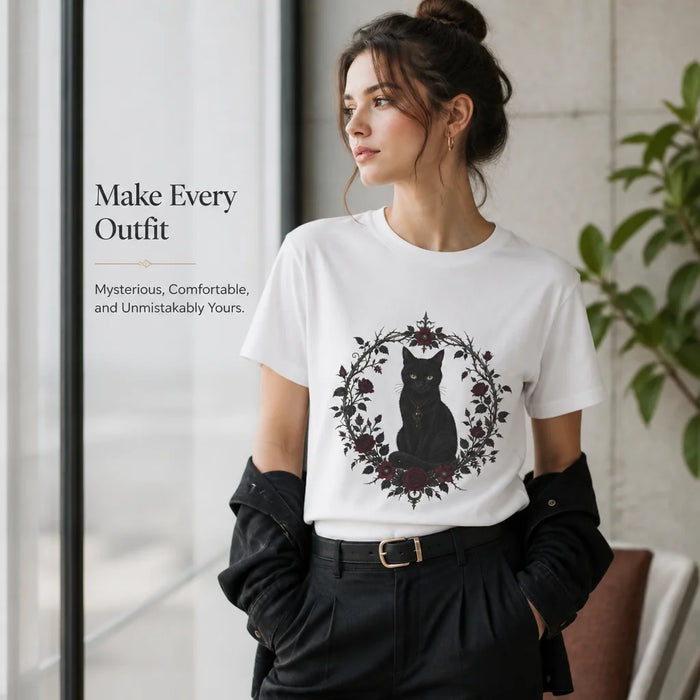Black Cat Thorny Frame T-Shirt Make Every Outfit Mysterious, Comfortable, and Unmistakably Yours