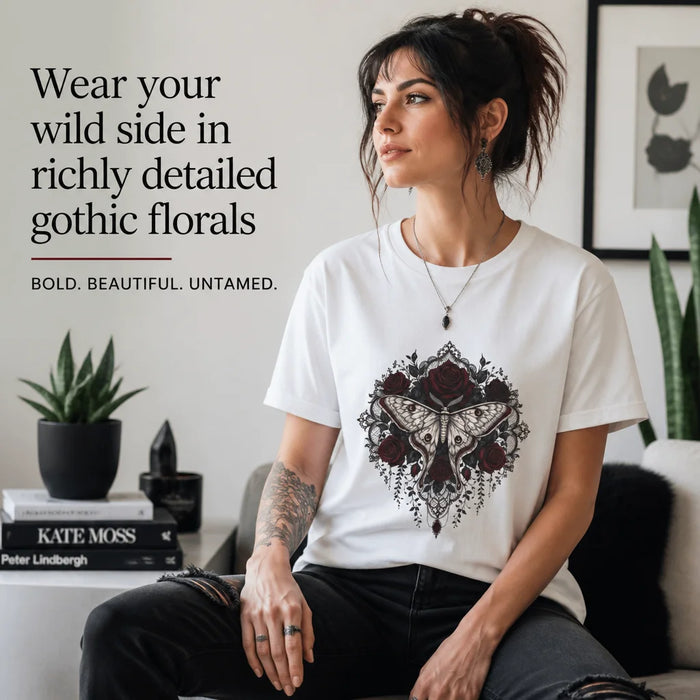 Dark Botanicals and Moth T-Shirt Wear your wild side in richly detailed gothic florals