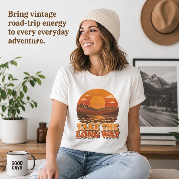 Take the Long Way Retro Sunset T-Shirt Bring vintage road-trip energy to every everyday adventure