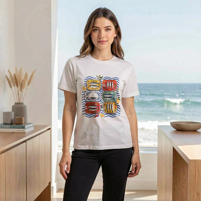 Mediterranean Tinned Fish T-Shirt Bring seaside color to everyday outfits