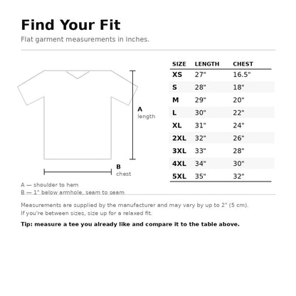 Size guide showing body length and chest width in inches