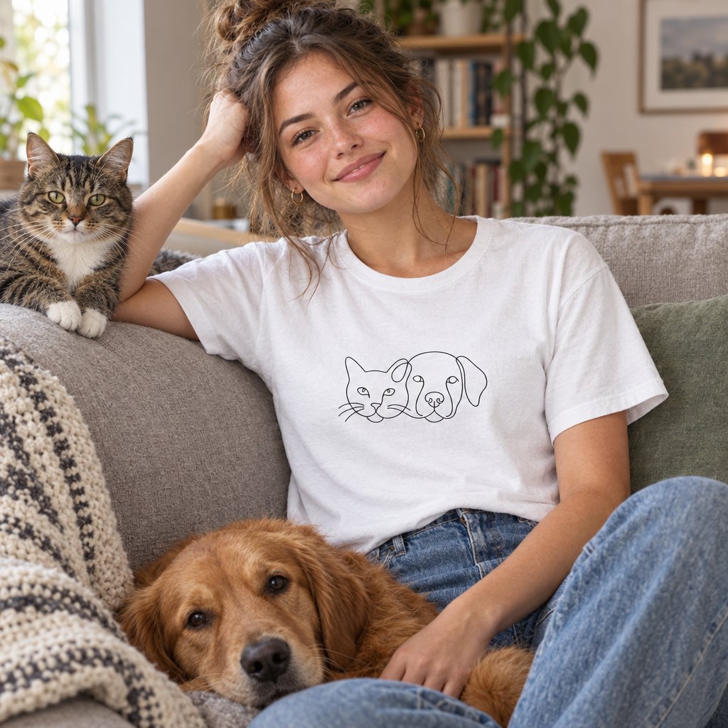 Single Line Cat and Dog T-Shirt — worn day to day