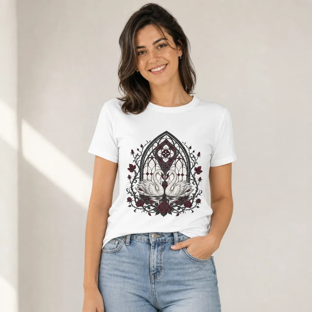 Swans Under Stained Glass T-Shirt — product demo image