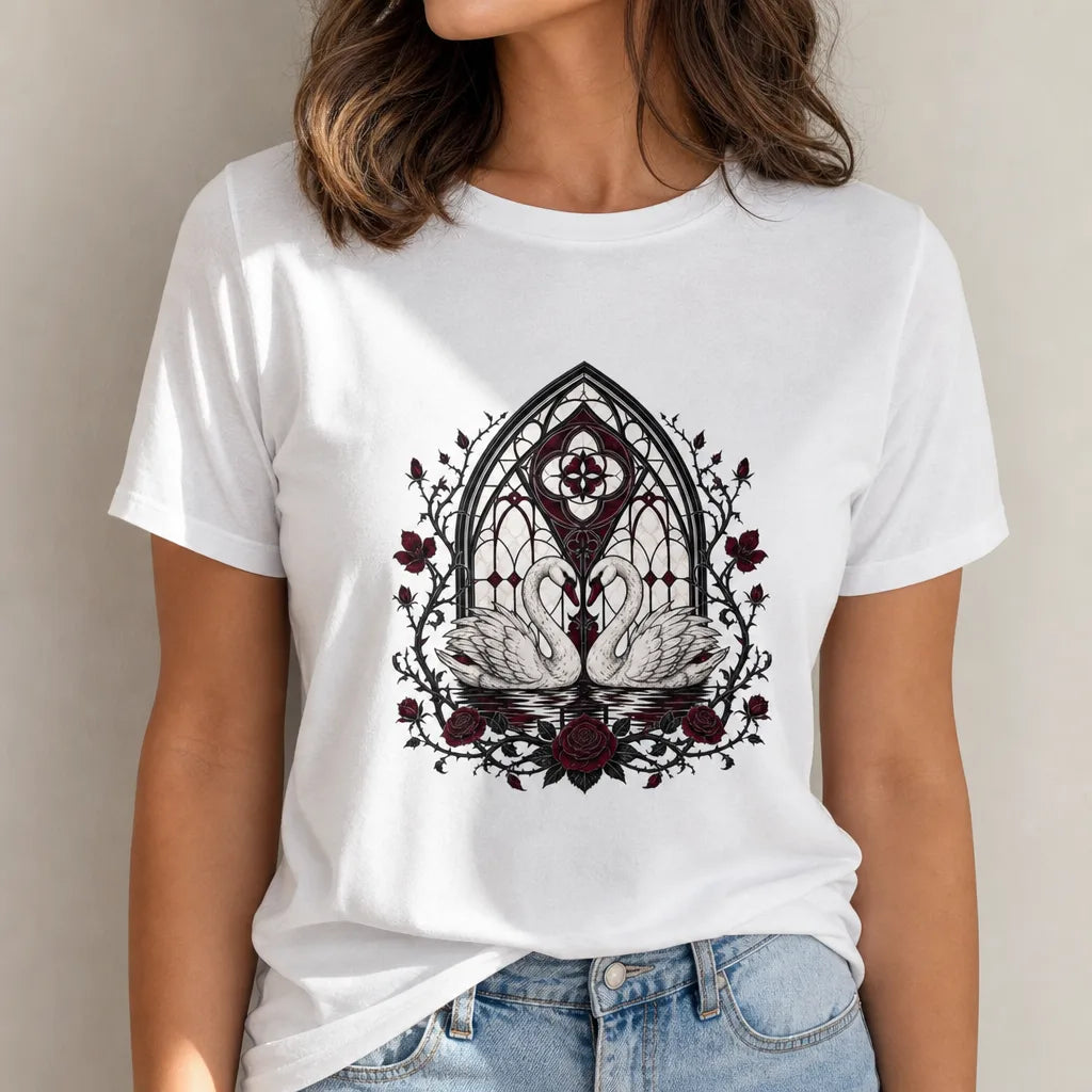 Swans Under Stained Glass T-Shirt — product demo image