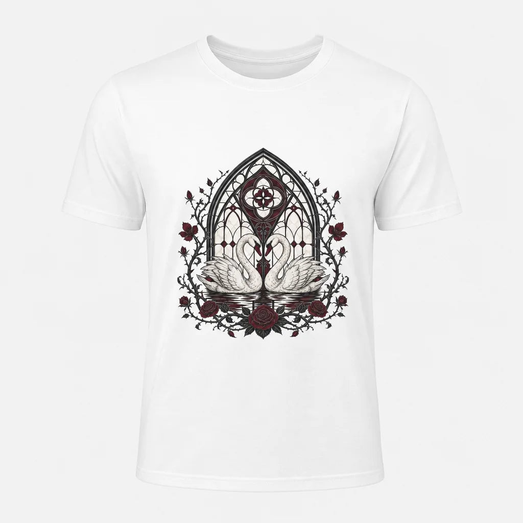 Swans Under Stained Glass T-Shirt — product demo image
