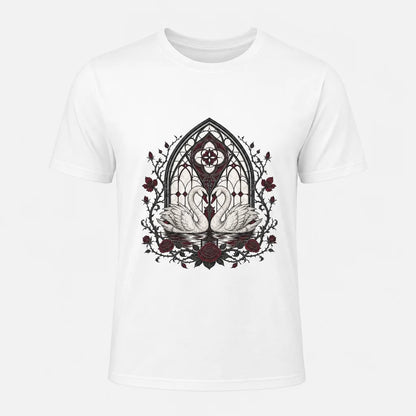 Swans Under Stained Glass T-Shirt — product demo image