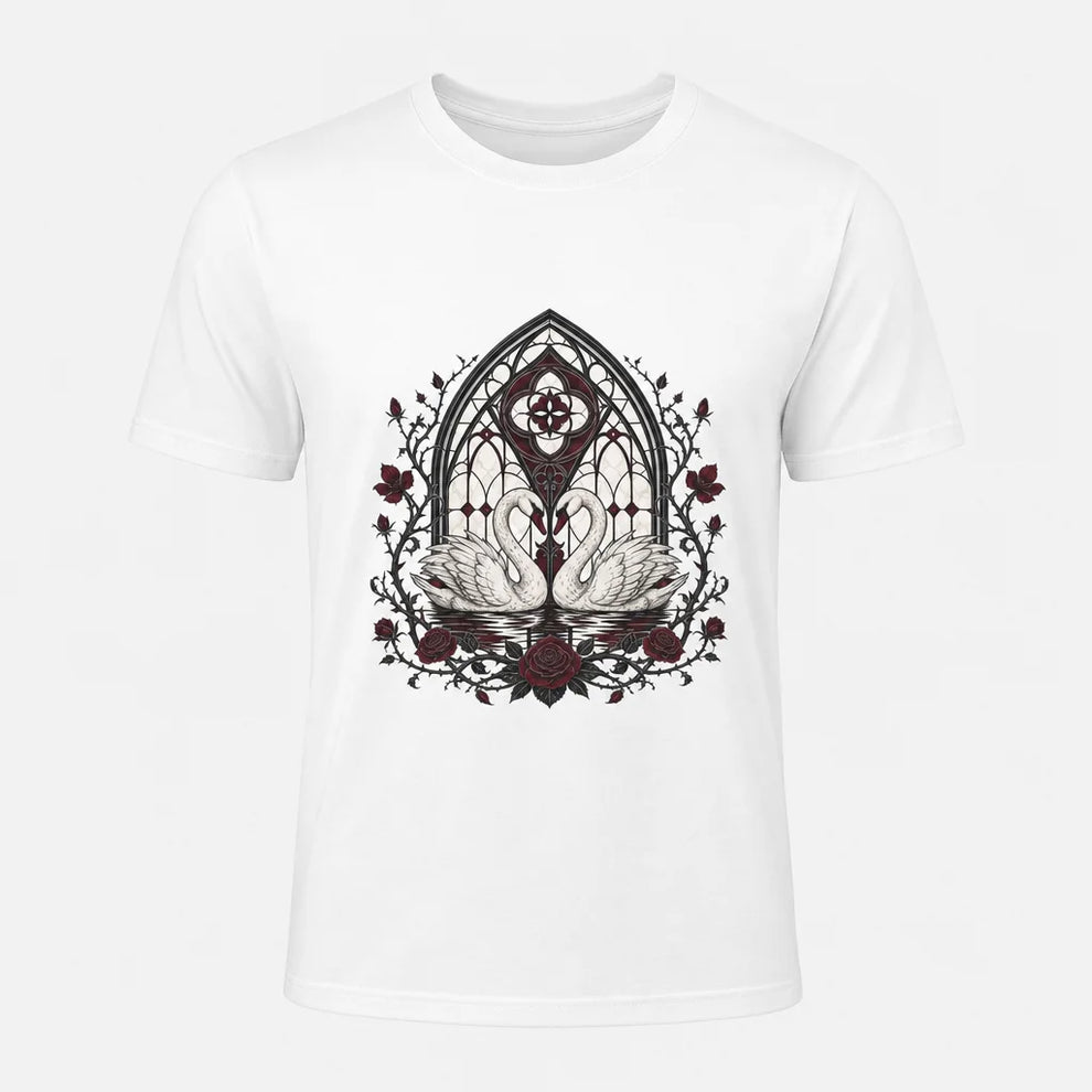Swans Under Stained Glass T-Shirt — product demo image