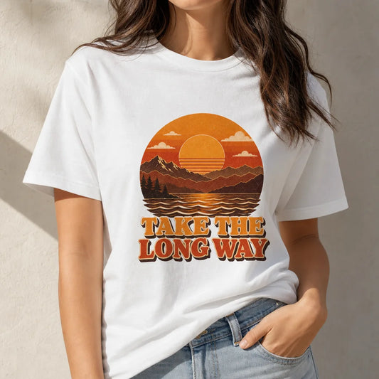 Take the Long Way Retro Sunset T-Shirt — product demo image