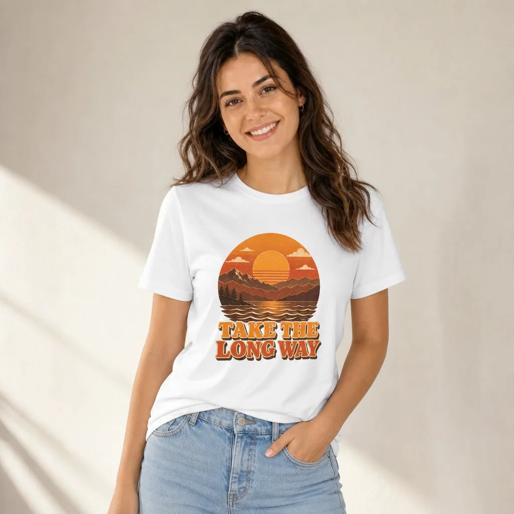 Take the Long Way Retro Sunset T-Shirt — product demo image