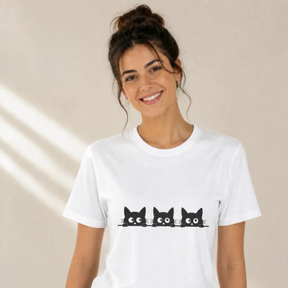 Three Black Cats Peeking White Tee — product demo image