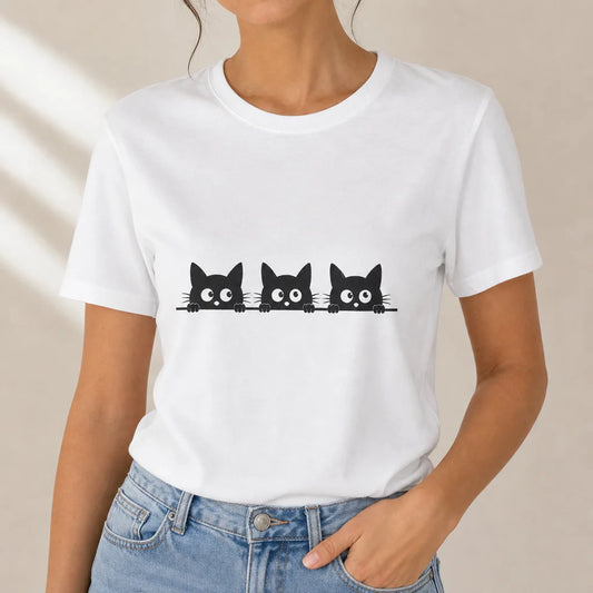 Three Black Cats Peeking White Tee — product demo image