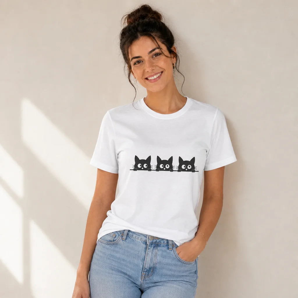 Three Black Cats Peeking White Tee — product demo image