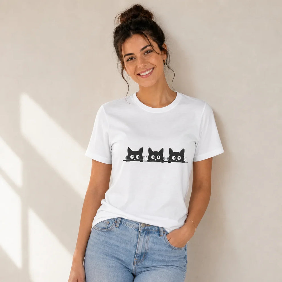 Three Black Cats Peeking White Tee — product demo image