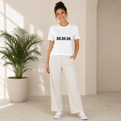 Three Black Cats Peeking White Tee — product demo image