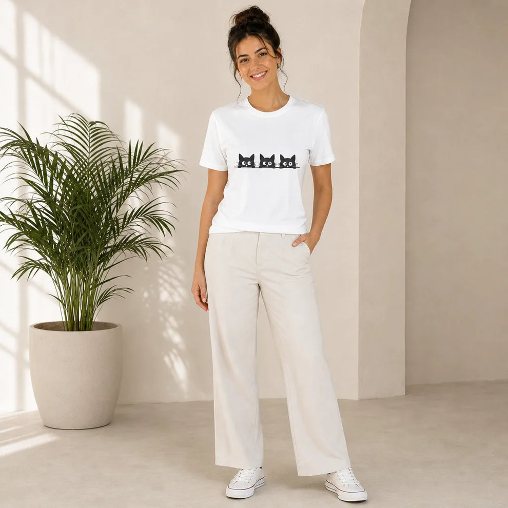 Three Black Cats Peeking White Tee — product demo image