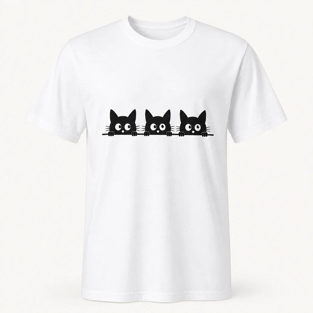 Three Black Cats Peeking White Tee — product demo image