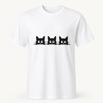 Three Black Cats Peeking White Tee — product demo image