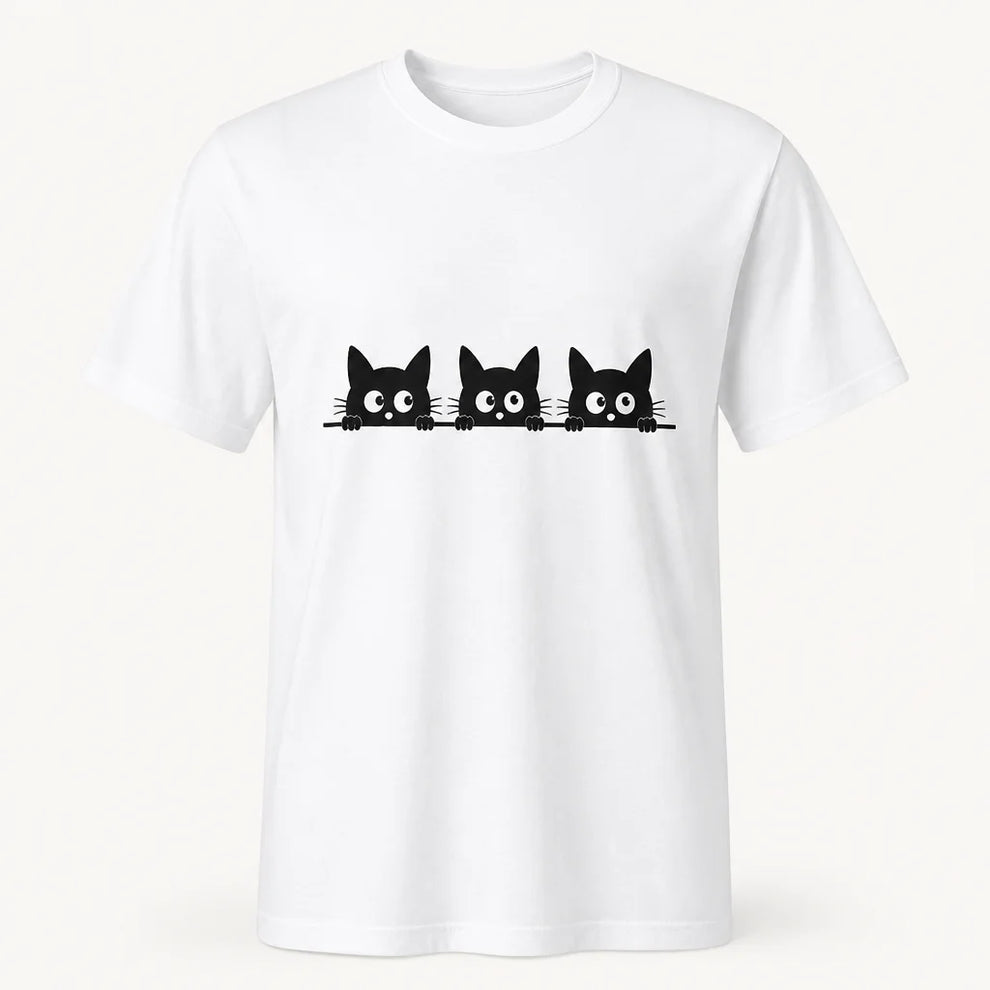 Three Black Cats Peeking White Tee — product demo image