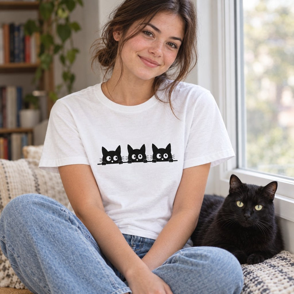 Three Black Cats Peeking White Tee — worn day to day