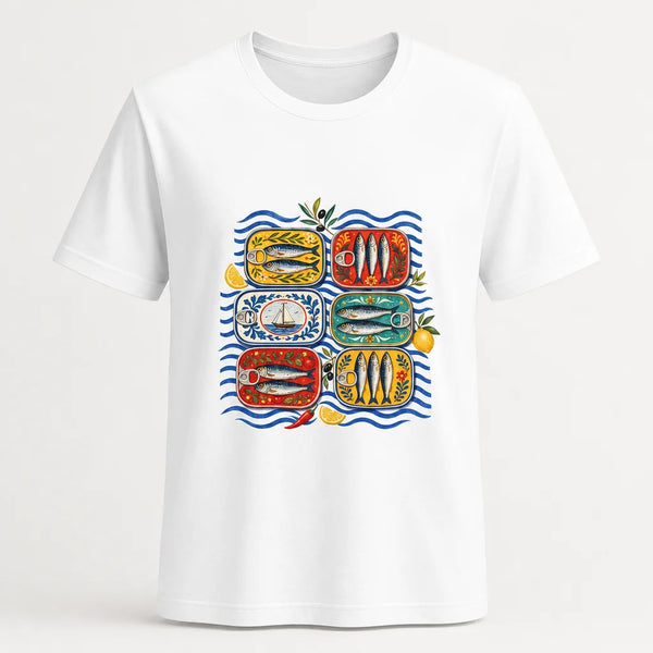Mediterranean Sardine Tins T-Shirt — model wearing the printed tee